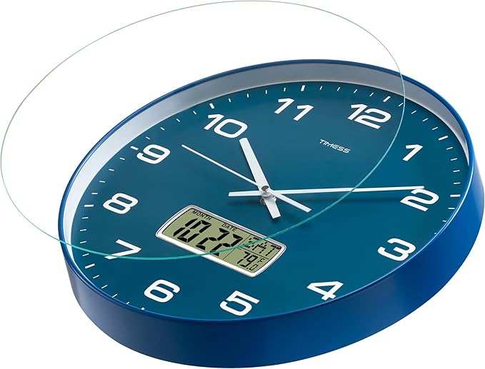TIMESS Wall Clock, 14" Large Dial Non-Ticking Silent Battery Operated Analog with LCD Display for Perpetual Calendar and F° Temperature, Ideal Modern Home, Bedroom, Kitchen, Office Decor (Blue)