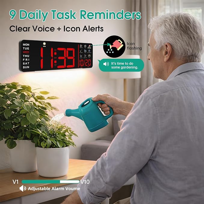 Hoifen Clock with Day and Date for Seniors, 16" Large Display Digital Calendar Dementia Wall Clock for Memory Loss with Time Periods & Task Reminders, Remote Control, Night Light, Auto Dim&DST (Red)