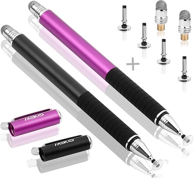 MEKO(2 Pcs) [2 in 1 Precision Series] Disc Stylus/Styli for All Touch Screen Devices Bundle with 4 Replaceable Disc Tips, 2 Replaceable Fiber Tips - (Black/Purple)