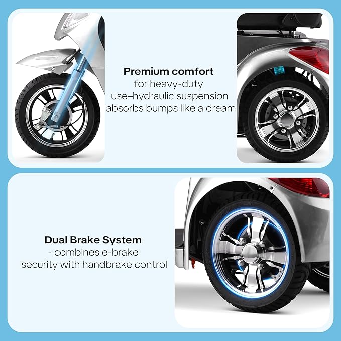 Super Large Electric 4 Wheel Mobility Scooters, Heavy Duty 800W Wheelchair Device, 25 Miles Long Range, All Terrain Mobility Scooter，Speed Adjust, Remote Key,Receive Ready to Ride (3 Wheel-Silver)