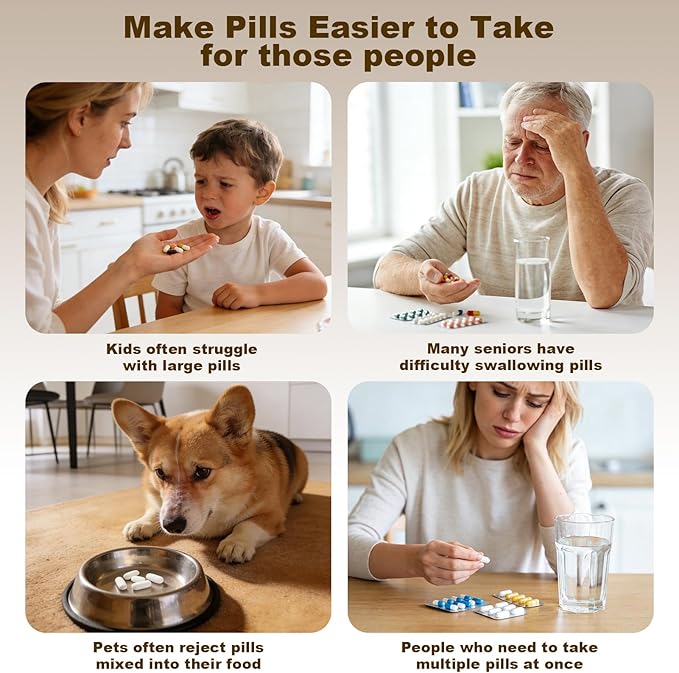 Pill Crusher, Grind Pills to Fine Powder, with Pill Cutter for Small and Large Medication and Vitamin Tablets with Storage Compartment - Great for Feeding Tube, Kids, Pets, Elderly - Ideal for Travel