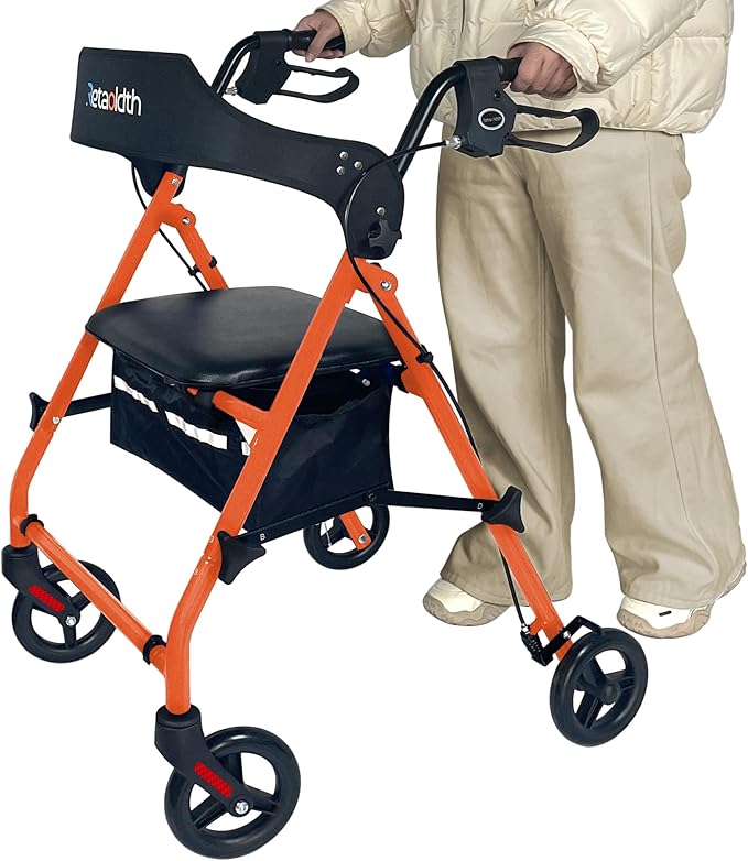 Rollator Walkers for Seniors with Seat, Foldable & One-Hand Carry, Upgraded Rolling Walker with Seat for Seniors, Handles Height Adjustable Rolling Walker for Seniors, Walking & Seated Rest, Orange
