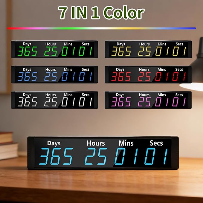 LUCKY TIME Christmas Countdown Clock with RGB Color | 999 Days LED Countdown Clock with Auto Date Calculator & Direct Days Input, Large Display for Christmas Holiday Retirement Wedding Event