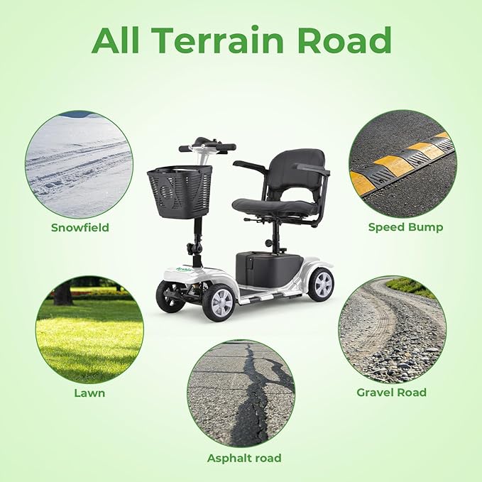 Mobility Scooter for Adults, 4 Wheels Lightweight Scooter, Foldable Mobility Scooter Long Range for Travel, Adults, Elderly, Supports 300 lbs, Powered Wheelchair with Charger & Basket (Silver Silver)