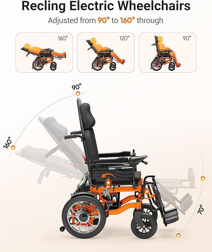 Electric Wheelchairs for Adults, Reclining Electric Wheelchair, 90°-160° Adjustable Backrest, 16" Alloy Wheels, Ergonomic Portable Mobility Scooter with USB Charging & Detachable Footrest