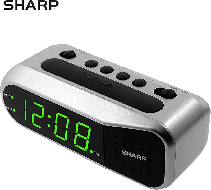 Sharp Digital Alarm Clock - Ascending Alarm Begins Faintly and Grows Increasing Louder, Gentle Wake Up Experience, Dual Alarm - Battery Back-up, Easy to Use with Simple Operation (Brushed Silver)