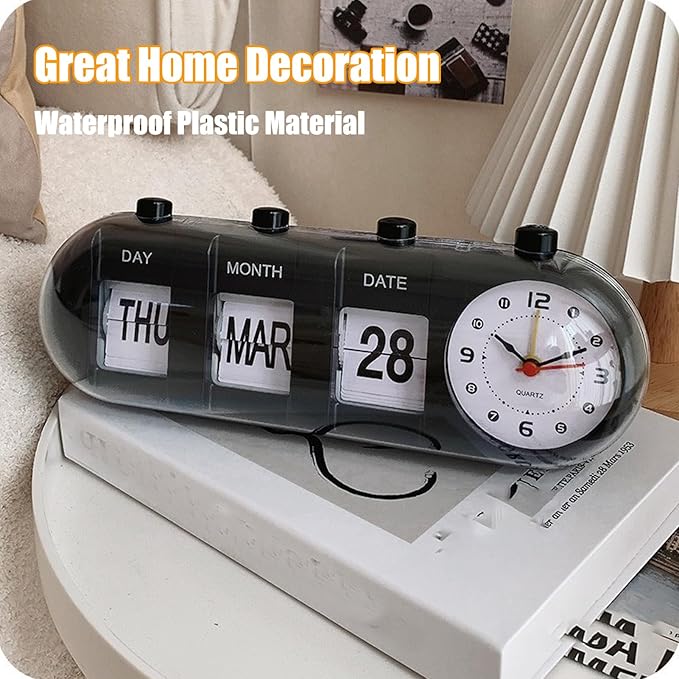 Flip Clock, Manual Jump Desktop Clocks with Date Retro Table Clock Non Ticking Calendar Alarm Clocks, Month, Day of Week Display(Black)