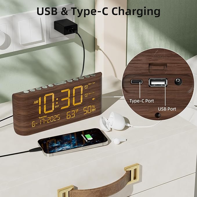 Raynic Digital Alarm Clock, Dual Alarms, 8.7" Large LED Display, USB & Type-C Charging Ports, Temperature & Humidity Display, 5-Level Dimmer & Volume for Bedroom & Home Office, Dark Wood Grain Finish