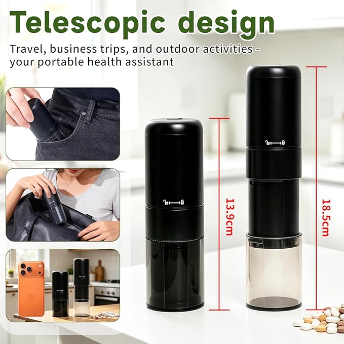 Cordless Electric Pill Crusher Grinder Pulverizer，Suitable for Children, the Elderly and Pets to Grind Pills，Multiple Small/Large Pills, Vitamins，Removable Grinding Cup for Easy Cleaning