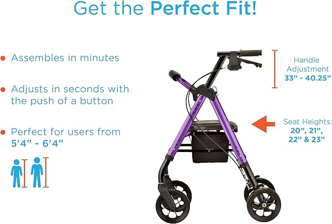 NOVA Star DX Heavy Duty Bariatric Rollator Walker, Wide Padded Seat, 450 lb Capacity, 8” Rugged All-Terrain Wheels, Easy-Grip Locking Hand Brakes, Fold Lock, Height Adjustable, Red
