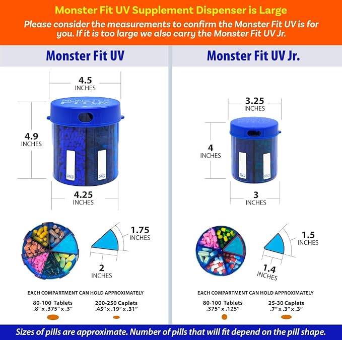 Monster Jr Supplement Pill Dispenser with Labels - Holds Small Medium Medication Vitamins and Easily Dispense from One Container Includes Compartment Labels (Monster Jr Blue UV - 1 Pack)