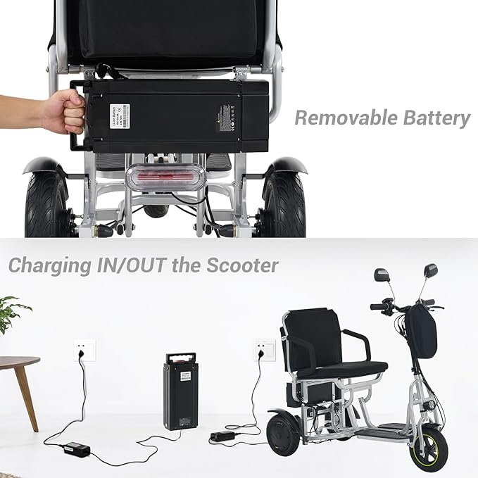 3-Wheel Folding Mobility Scooter Foldable Lightweight Electric Scooter for Adults & Seniors, Detachable Lithium Battery, Long Range 28 Miles, 3-Speed, with Rearview Mirror & Turn Signal (Silver)