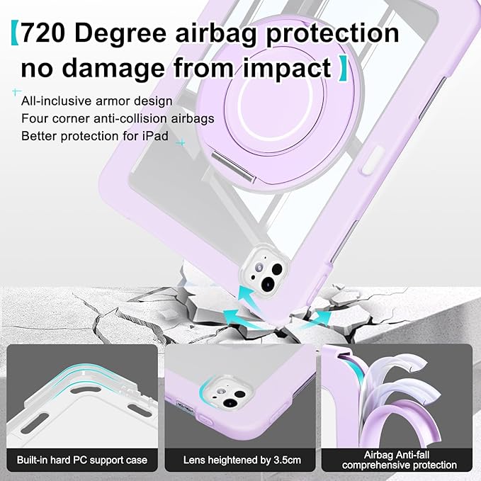 Dteck for iPad Pro 11 inch (M4/M5) 2024/2025 Release Shockproof Clear Case with Stylus Pencil Holder/Rotating Kickstand/Swivel Handle, Lightweight Protective Slim Transparent Tablet Cover, Purple