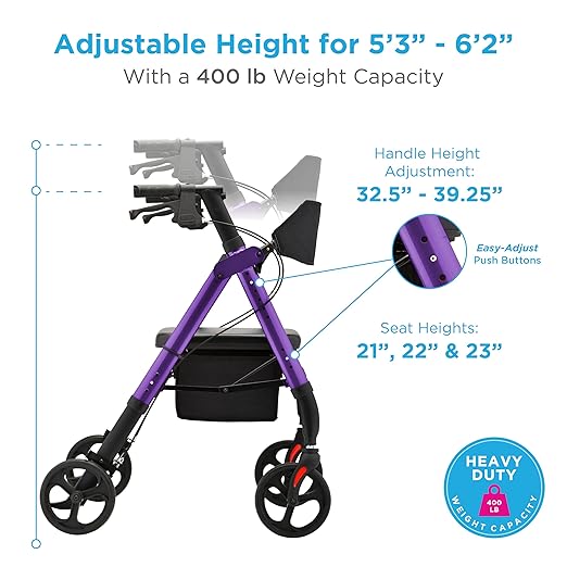 NOVA Star 8 Foldable Rollator Walker for Seniors, 400 lb Weight Capacity, Wide Padded Backrest with Seat, 8” All-Terrain Wheels, Easy-Grip Locking Hand Brakes, Height Adjustable, Purple
