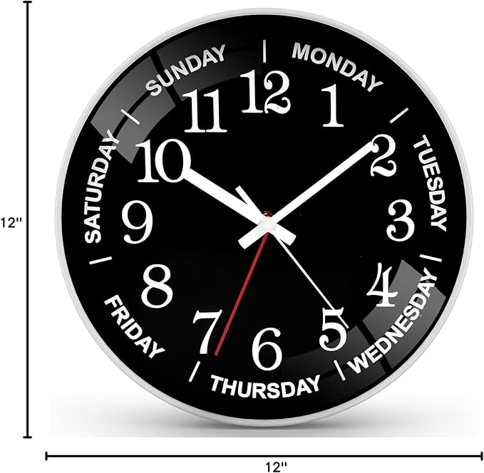 QINFIEY 12 Inch Day of Week Wall Clock, Non Ticking Modern Clocks Battery Operated，Analog Day Clock for Seniors Eldly，Classic for Office Home Classroom Bedroom School,Unique Gift Clock