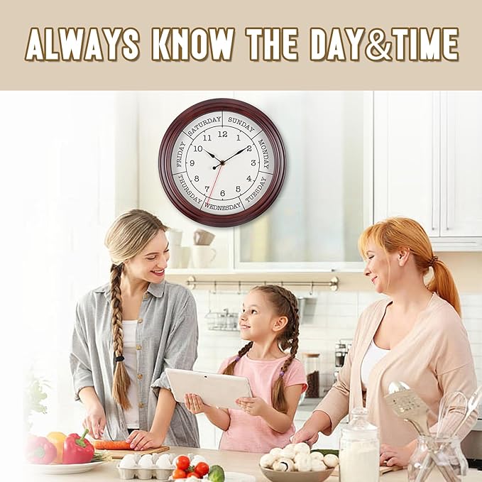 Day of the Week Clock 14 Inch Round Retirement Wall Clock with Wood Frame for Men Women Red Brown