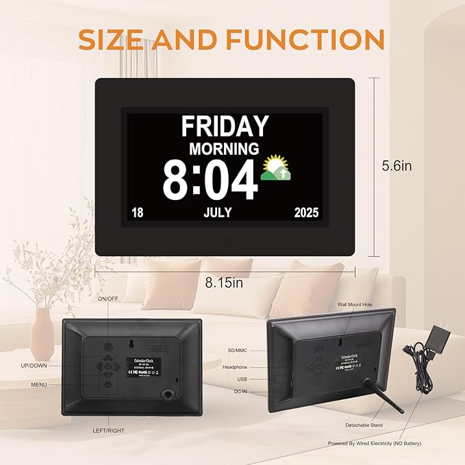 Digital Clock for Seniors with Day Date Time Large Display - 7 Inch Large Print Dementia Clock for Memory Loss and Visually Impaired, 12 Alarm Options, Non-Abbreviated, Black