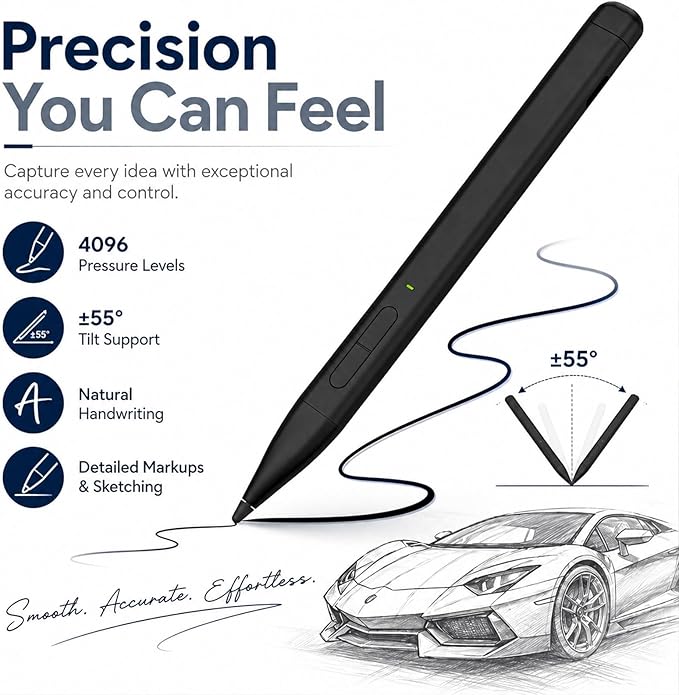 HATOKU Stylus Pen for Microsoft Surface: Slim Pen with 60H Long Battery - 4096 Pressure Sensitivity - 40min Fast Charging MPP2.0 Active Pencil for Surface Pro 11 10 X Laptop Studio Business Take Notes