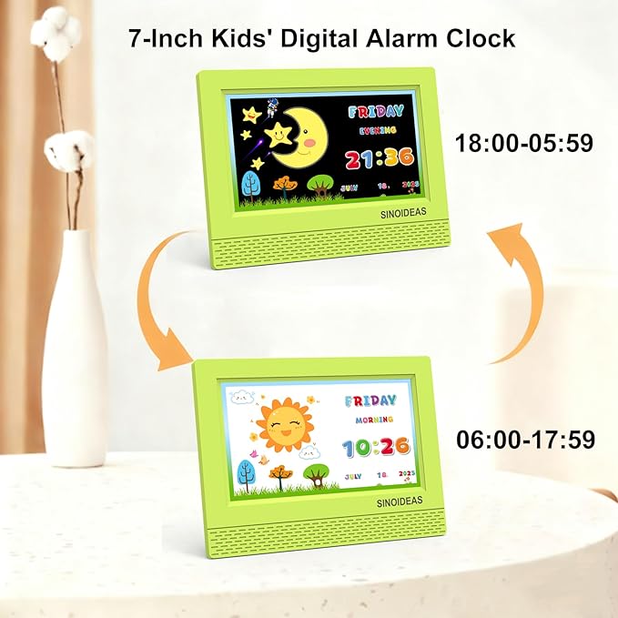 SINOIDEAS 7 Inch Kids Digital Alarm Clock, Children's Sleep Trainer,Eye-Caring Digital Clock for Girls Boys Bedrooms Bedside (Green)