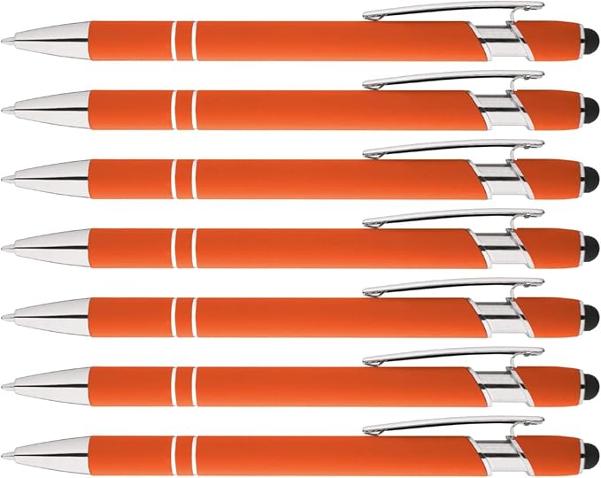 Rainbow Rubberized Soft Touch Ballpoint Pen with Stylus Tip is a stylish, premium metal pen, black ink, medium point. Box of 7 (ORANGE)