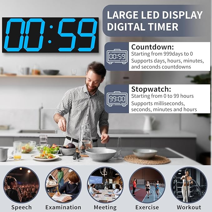 CHKOSDA 18.7in Large Digital Wall Clock,LED Digital Clock with Big Number,Multi-Function Remote Controlled Wall Clock with Timer, Alarm and Calendar Display(Blue)