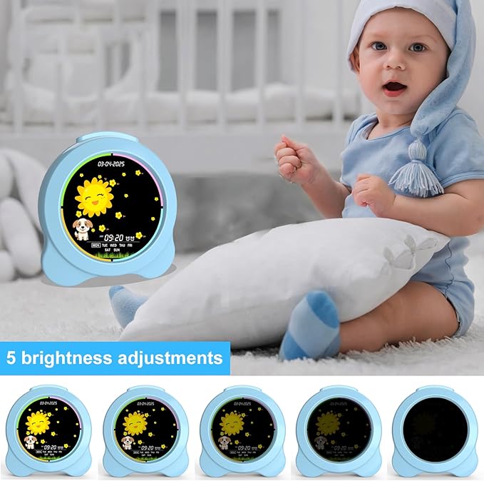 Kids Alarm Clock Sun & Moon LED Display with Day & Date OK to Wake Clock with Night Light for Kids Children's Sleep Trainer Gift for Boy and Girls (Blue)