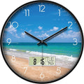 14'' Silent Non-Ticking Coastal Beach Wall Clock, Battery Operated Analog with LCD Date Day Temp Display, Modern Wall Clock for Living Room Bedroom Office Beach House Hotel Decor