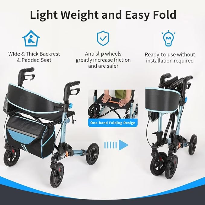 Foldable Rollator Walkers with Seat for Seniors, Lightweight All Terrain Rolling Walker with seat, Aluminum Walkers with 8 inch Rubber Wheels, Handles and Backrest (Blue)