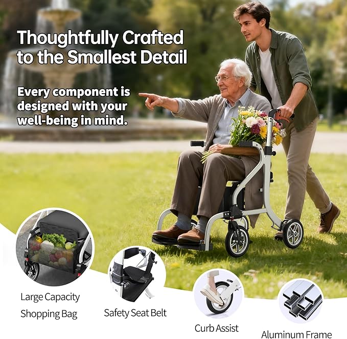 2-in-1 Walker and Transport Wheelchair Combo, Lightweight Foldable Mobility Rollator Chair for Seniors, Pre-Assembled 17 lbs Travel Chair with 8" All-Terrain Wheels, Support 330 lbs