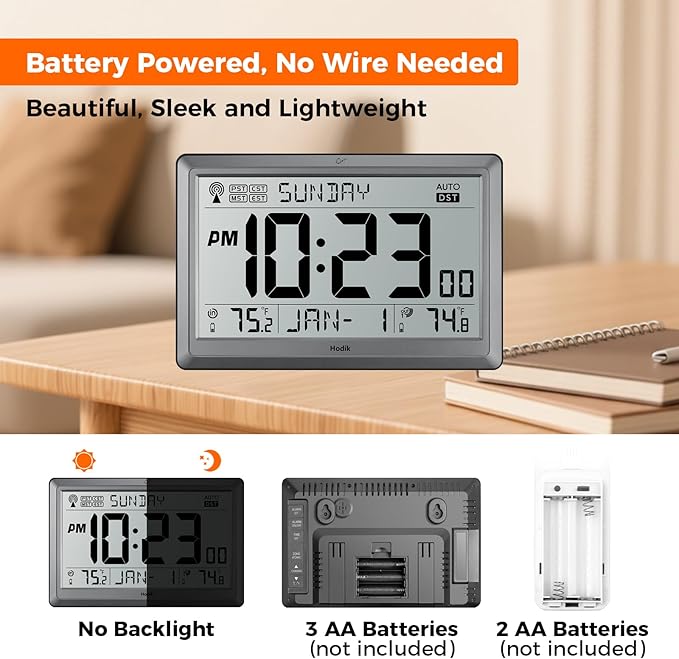 HODIK Wall Clock Atomic with Indoor Outdoor Temperature Battery Powered, Easy Reading with 10.5 Inch LCD Display, 330FT Range Table Wall Clock with DST, 12/24 Hour for Living Room Kitchen (Silver)