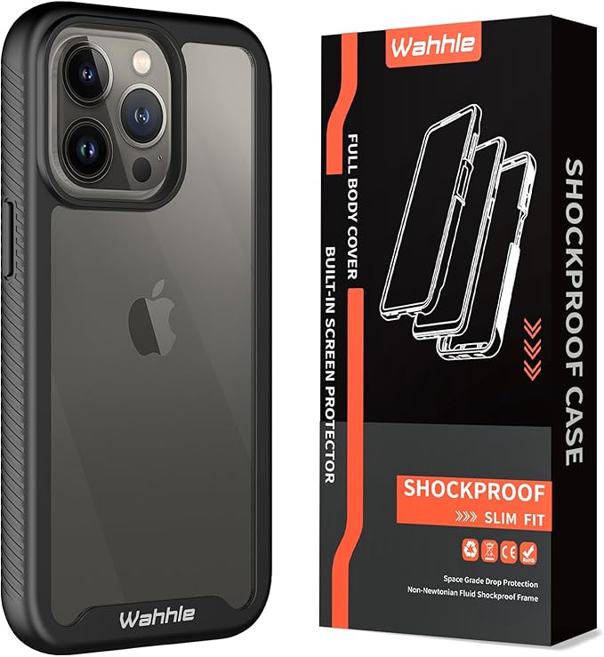 wahhle Compatible with iPhone 13 Pro Case, Built in Screen Protector Full Body Shockproof Slim Fit Bumper Protective Phone Cover 6.1'' Men Women-Black/Clear