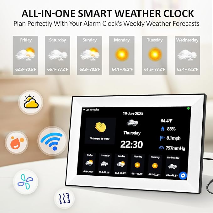 WiFi Touch Screen Digital Calendar Clock, 64 Custom Alarms, with Auto-Sync Time & Date, 7-Day Weather Forecast, Weekly Schedules Desk Clock (10.1" White)