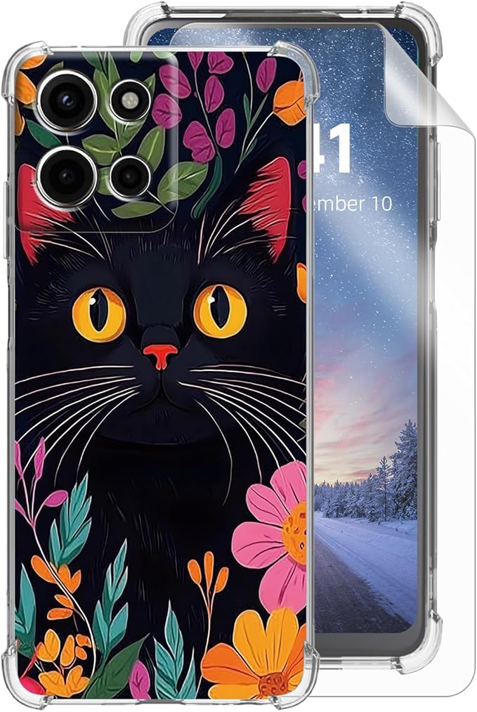 for Moto G Stylus 5G 2025 Clear Phone Case, Lightweight Transparent TPU, Shockproof Four Corner Anti-Fall Case 6.8" for Moto G Stylus 5G 2025 with Screen Protector, Flower Cute Cat