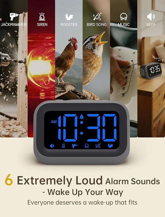 Acedeck Super Loud Alarm Clock: 115dB Dual Alarms and 6 Alarm Sounds for Heavy Sleepers - Adult Shift Workers in Bedroom or Daily Wake-Up Use - Blue Digits