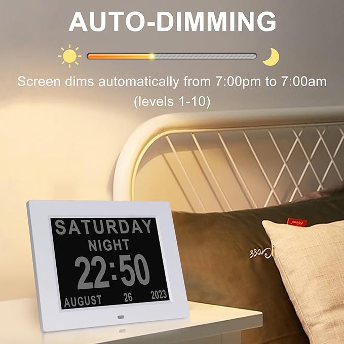 Johnziny 8 Inch Digital Clock Large Display Dementia Clocks with Day and Date for Seniors,8 Alarms Options Digital Clock,Digital Calendar with Large Number and Custom Alarms White