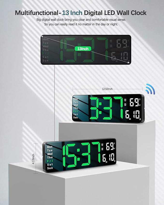 JoFomp Digital Wall Clock - 13" Large LED Display, Loud Alarm, Remote Control, DST, Auto-Dimming, Date and Day, Timer, Temperature - 12/24H Format - Ideal for Living Room, Bedroom, Kitchen