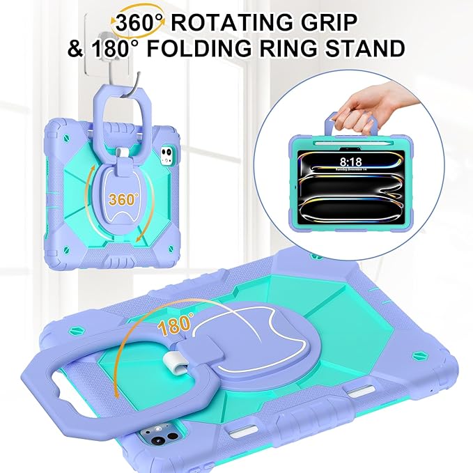 Dteck for iPad Pro 11 inch (M4/M5) 2024/2025 Release Shockproof Case with Shoulder Strap/Pencil Holder/Rotating Kickstand Handle, Heavy-Duty Sturdy Rugged Cover, Protective Tablet Shell, Purple Mint