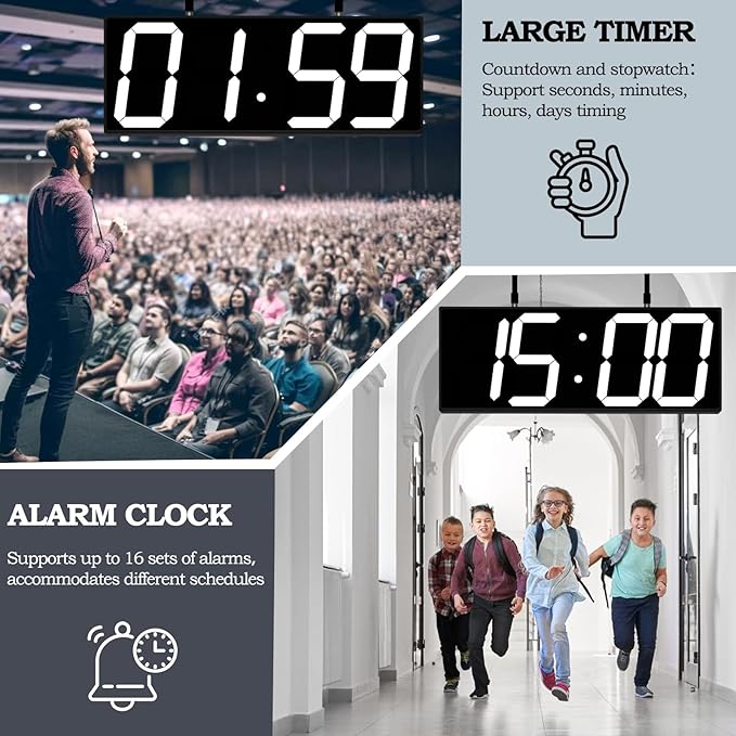 CHKOSDA 19.5'' Large Digital Wall Clock with Double Sided Display,Multi-Functional LED Hanging Digital Clock with Adjustable Brightness,Suitable for Offices, Warehouses, Corridors (White)