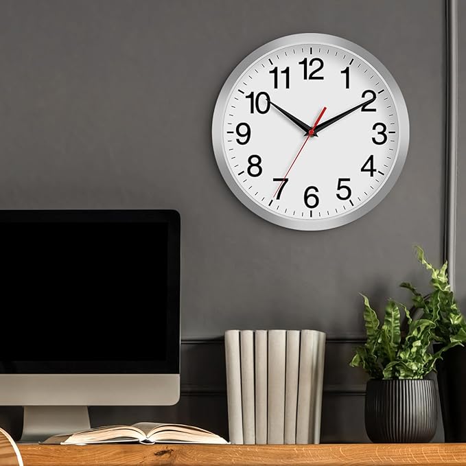 Rohioue Wall Clock Modern 10 Inch Battery Operated Silent Non Ticking Analog Clock Decorative for Bedroom Kitchen Bathroom Office Home Living Room (Silver)