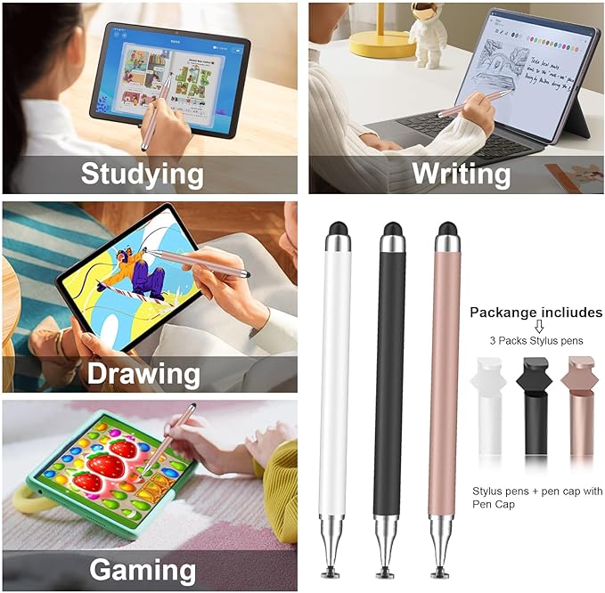 3 in 1 Stylus Pen for Touchscreen,iPad,iPhone,Stylus Pen with Pen Cap,High Precision & Sensitivity, Compatible for iPad/Android Tablets, Laptop and Touchscreens(Black/White/Rose Gold)