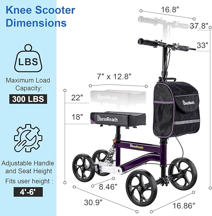 BlessReach Economy Knee Scooter, Steerable Knee Walker, Foldable Knee Scooters for Foot Injuries Adult Best Crutches Alternative (Purple)