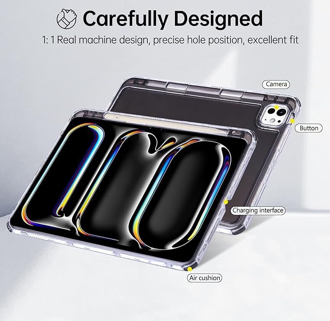 Dteck for iPad Pro/Air 13" (M5/M4/M3/M2), Pro 12.9" (6th/5th/4th/3rd Gen) Clear Case with Pencil Holder/Screen Protector Film/Stylus, 3 Layers Protective Lightweight Slim Transparent Cover, Black