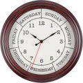 Day of the Week Clock 14 Inch Round Retirement Wall Clock with Wood Frame for Men Women Red Brown