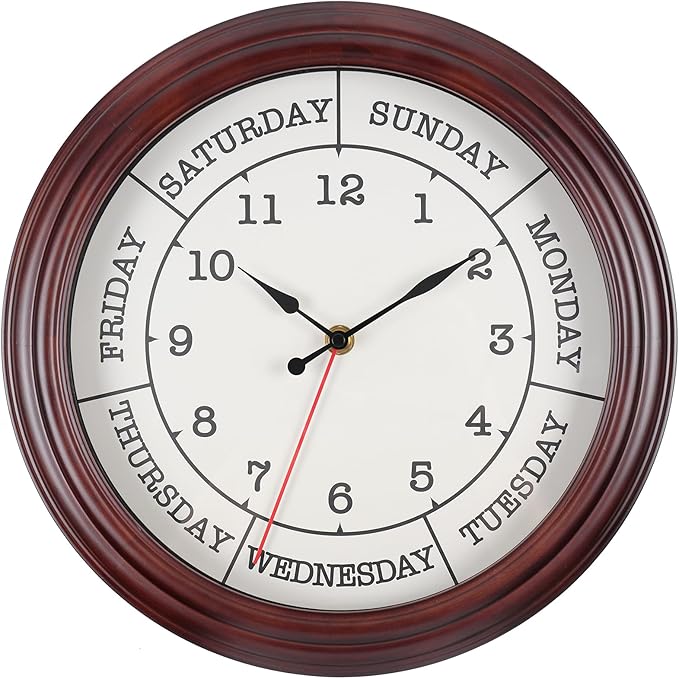 Day of the Week Clock 14 Inch Round Retirement Wall Clock with Wood Frame for Men Women Red Brown