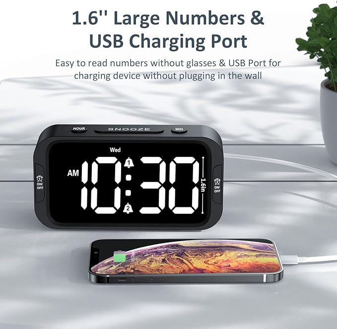 Odokee Digital Dual Alarm Clock for Bedroom, Easy to Set, 0-100% Dimmer, USB Charger, 5 Sounds Adjustable Volume, Weekday/Weekend Mode, Snooze, 12/24Hr, Battery Backup, Compact Clock for Bedside
