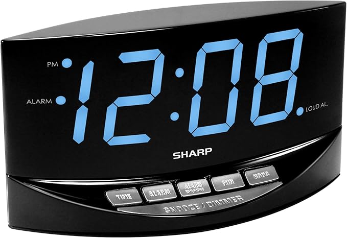 Sharp Easy to See Alarm Clock with Jumbo 2” Numbers - Bright Blue LED Display - Easy Set-up & Simple to Use –See from Across the Room! - High/Low Alarm Volume