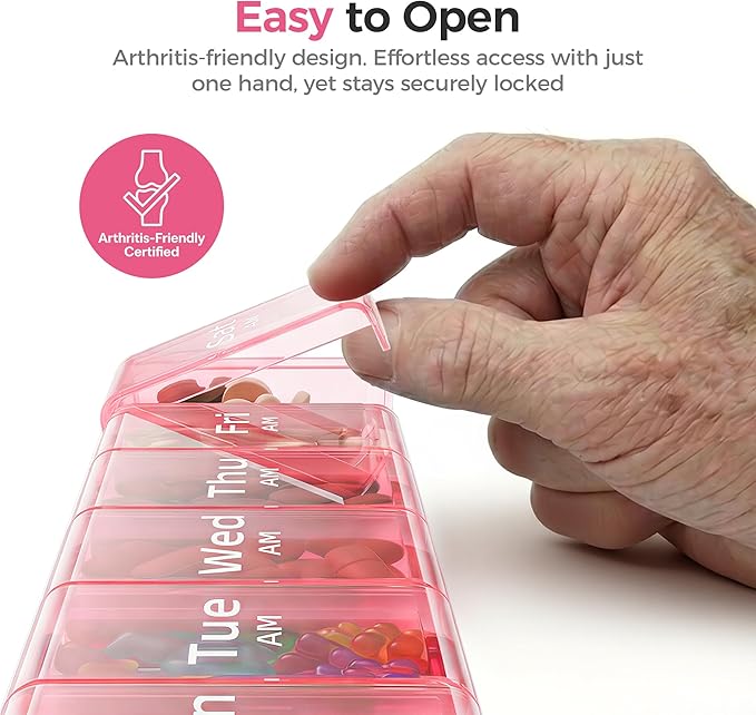 Betife Extra Large Pill Organizer 2 Times a Day, XXL Pill Box 7 Day with AM PM Large Compartments, Daily Medicine Case, Jumbo Weekly Pill Holder for Fish Oils, Vitamins & Supplements（Pink）