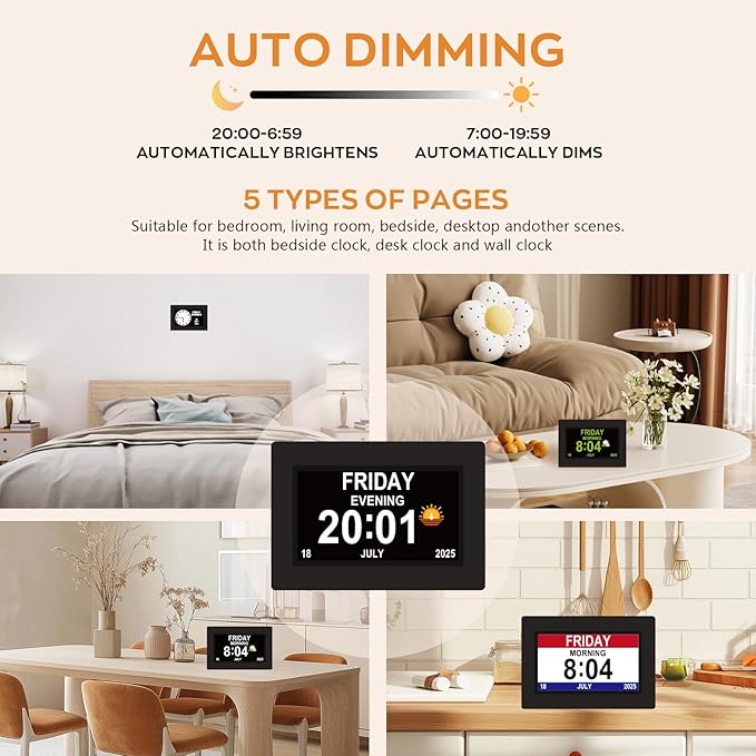 Digital Clock for Seniors with Day Date Time Large Display - 7 Inch Large Print Dementia Clock for Memory Loss and Visually Impaired, 12 Alarm Options, Non-Abbreviated, Black