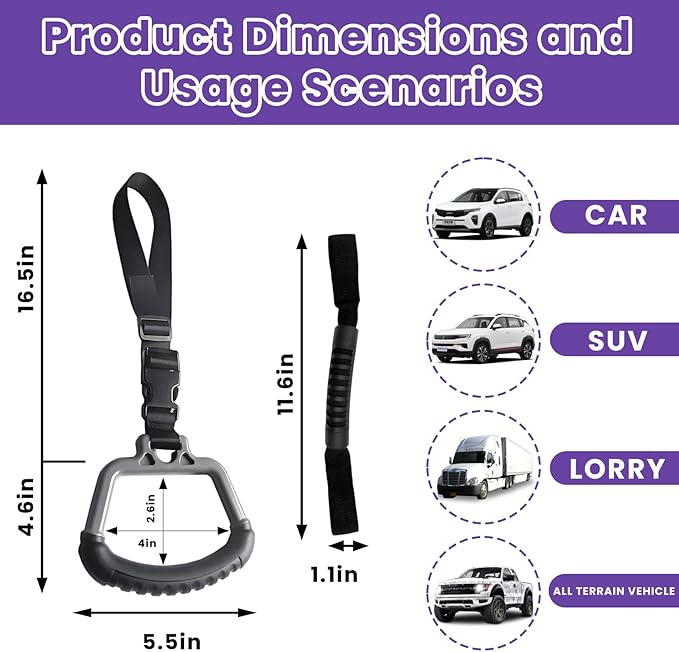 2-in-1 Car Assist Handle Kit | Adjustable Overhead & Backseat Grab Bar with Soft Rubber Grip for Added Support Entering and Exiting Vehicle (2, Grey)