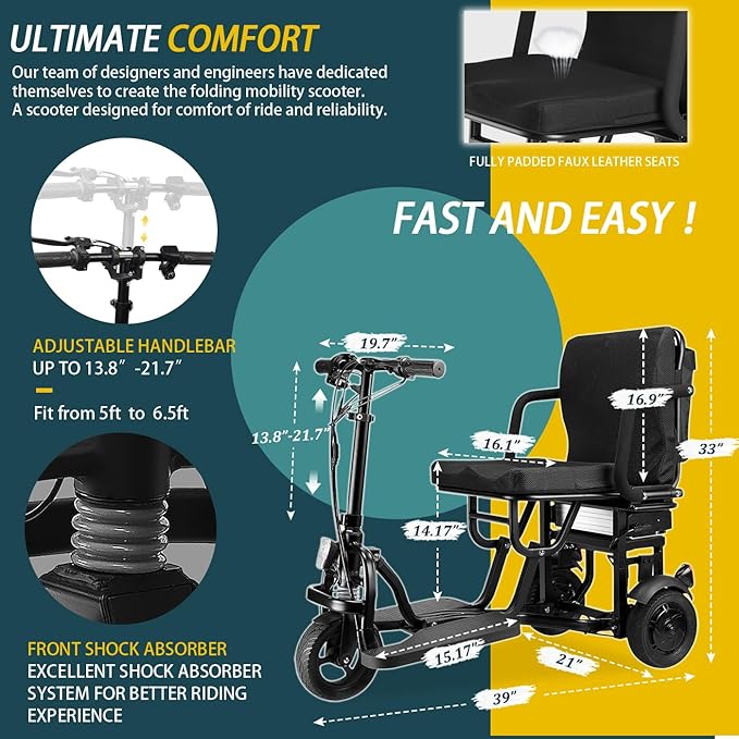 Upgraded Folding Mobility Scooters, 40MIles Longest Range Lightweight Motorized Mobility Scooter for Seniors, 3+1 Speed Mode, with Basket & Cup Holde, Dust Cover, No Assembly Required